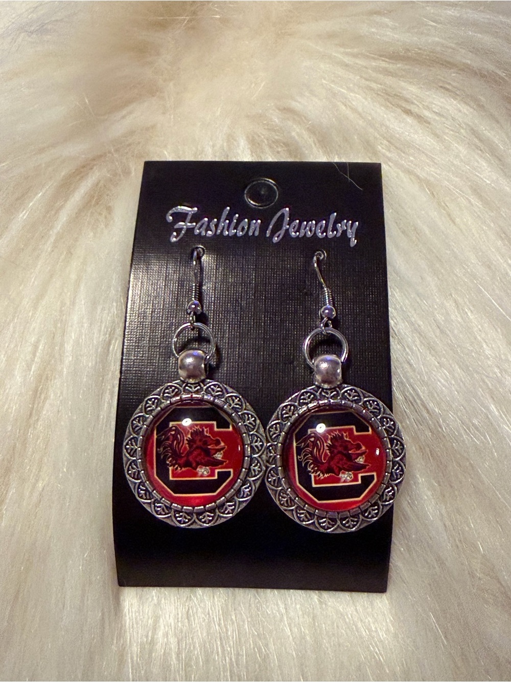 Fashion Jewelry Red and Silver Gamecock Dangle Earrings